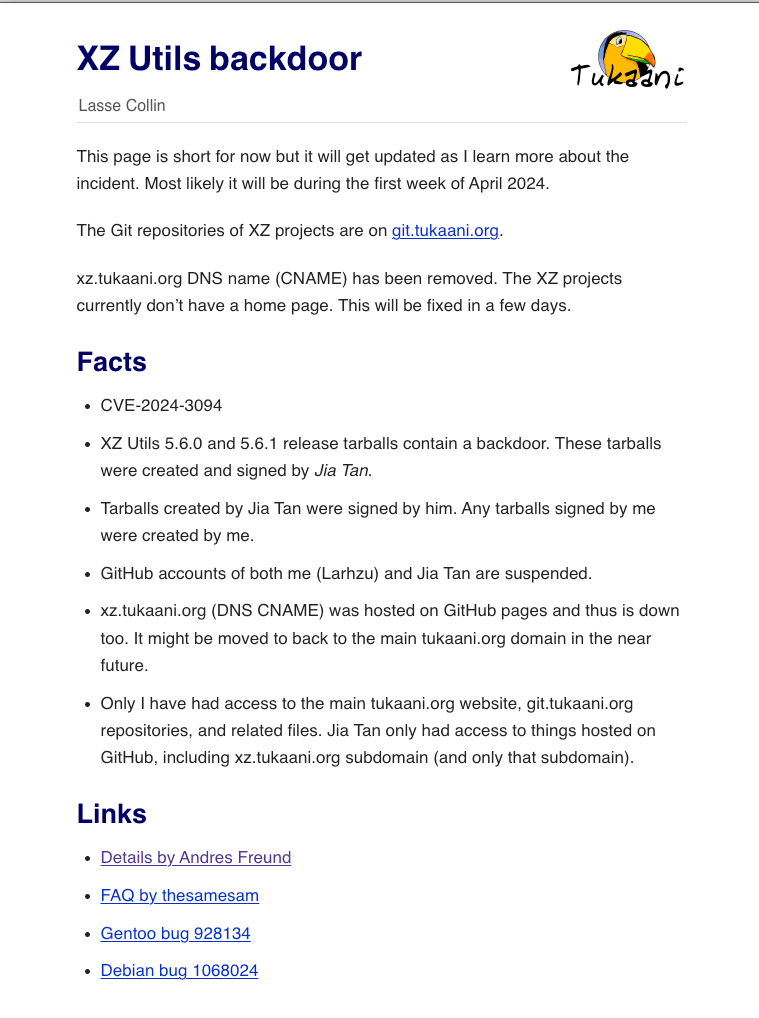 XZ Utils backdoor notification on the Tukaani Project