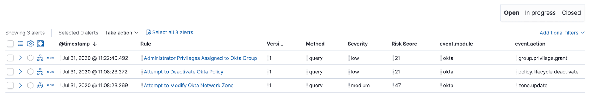 Figure 12 - Okta alerts in Elastic Security generated by suspicious activity