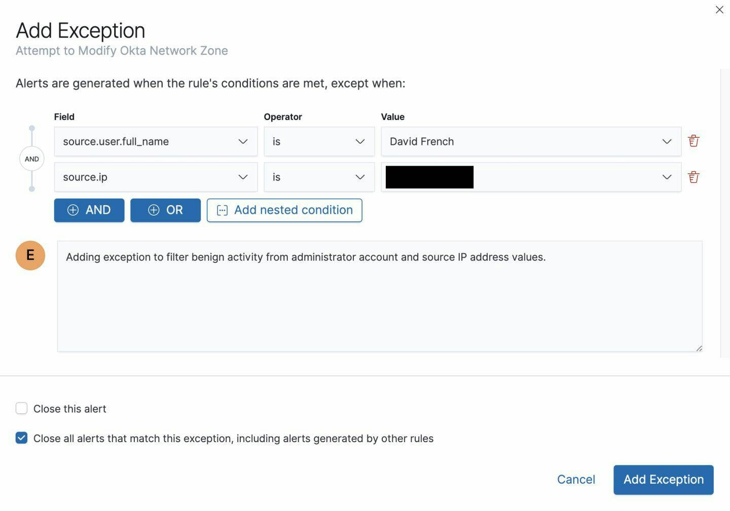 Figure 14 - Adding an exception to a rule in Elastic Security