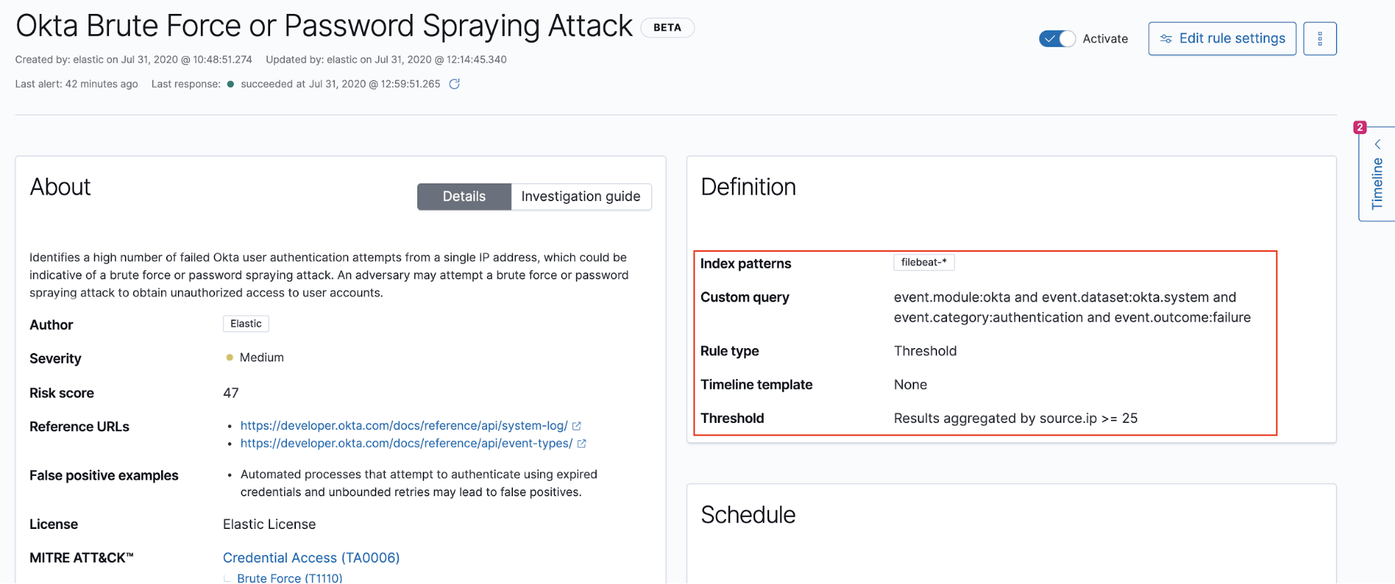 Figure 15 - Reviewing a threshold rule configured to detect an Okta brute force attack