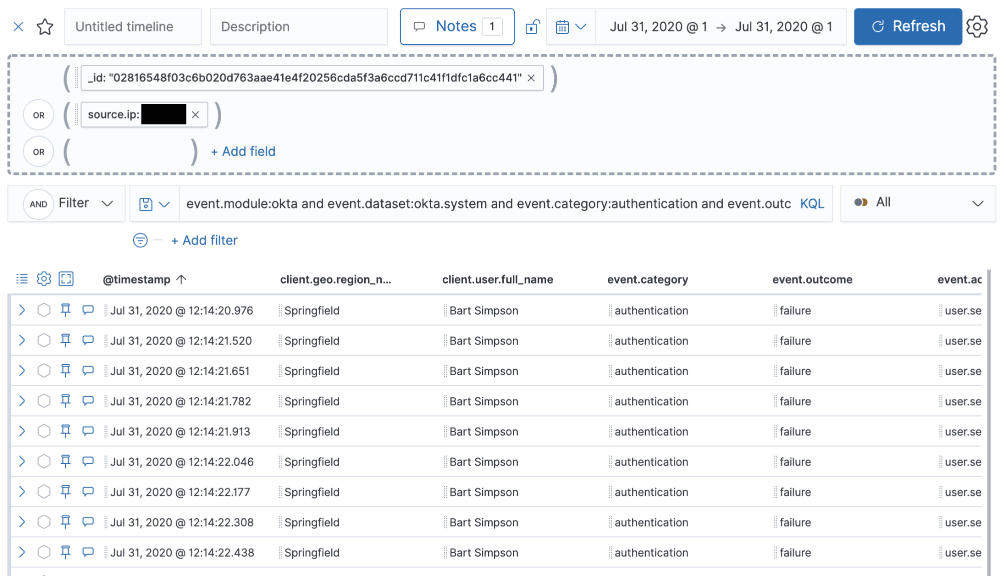 Figure 16 - Reviewing an alert from a failed Okta authentication threshold rule in Timeline