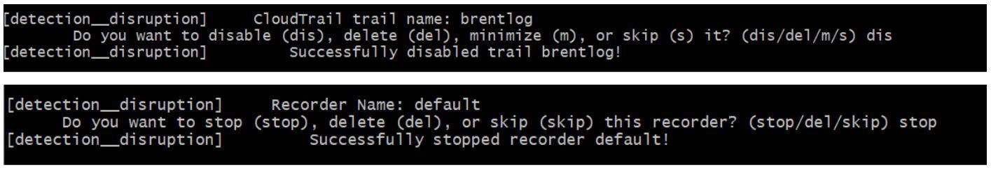 Figure 2 - Disabling a trail and stopping a configuration recorder using Pacu’s detection__disruption module 