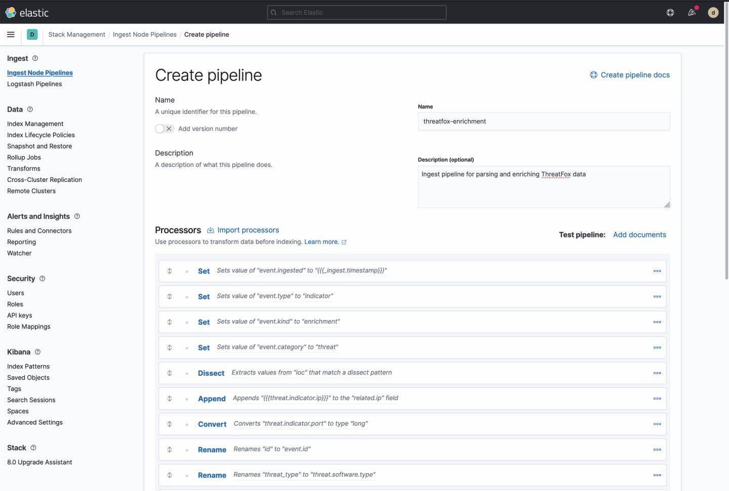 Figure 2 - Ingest Node Processors for ThreatFox data