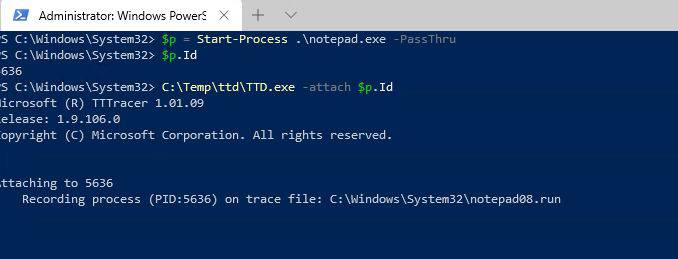 Attaching to Notepad.exe with TTD