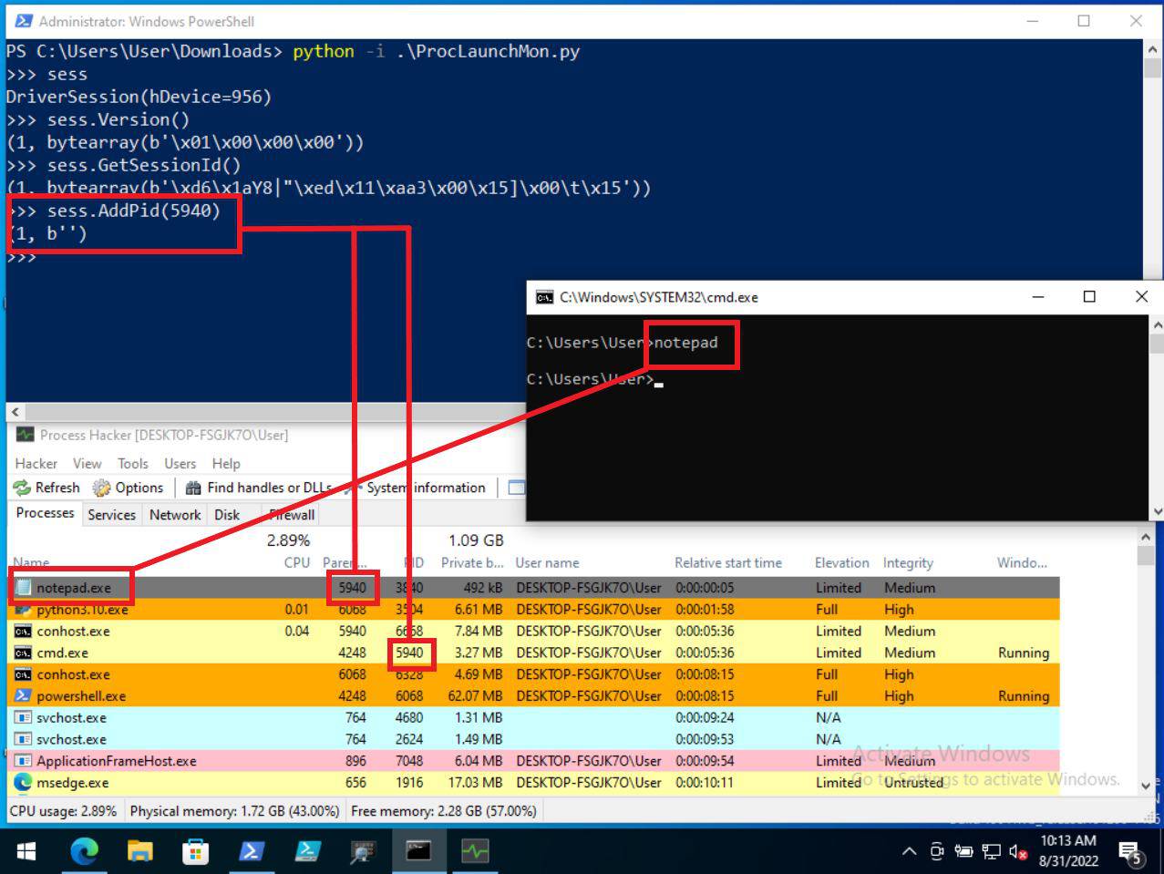 Using ProcLaunchMon to monitor Notepad.exe