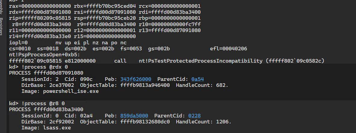 Confirming our PowerShell process targets a PPL process in LSASS