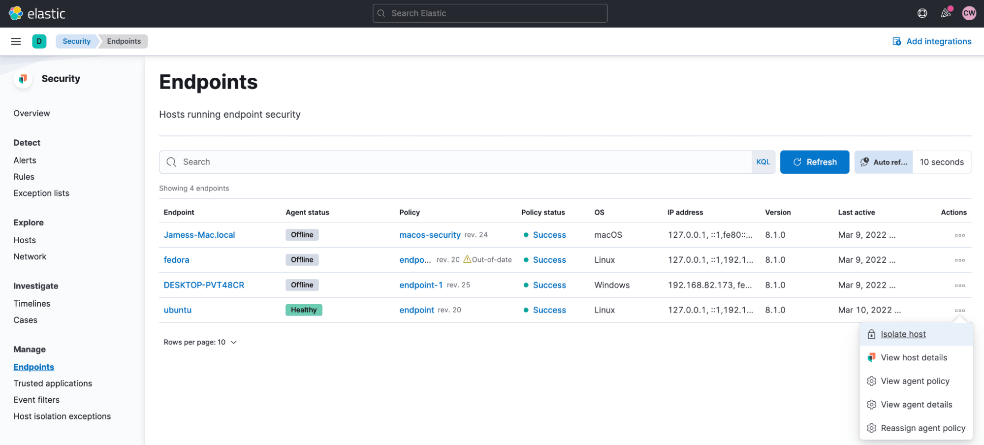 In-platform capabilities of Elastic Security demonstrating response capabilities