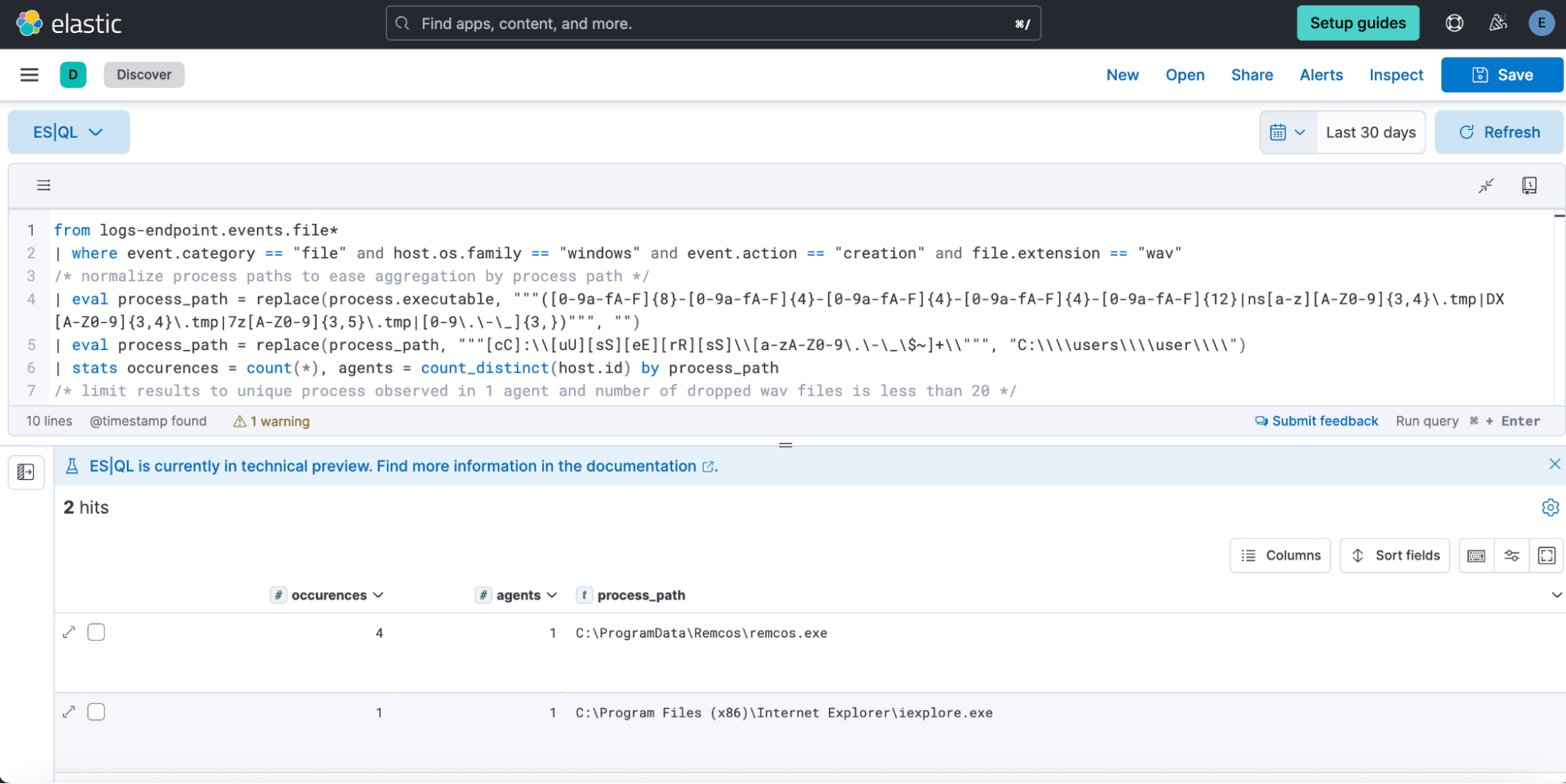 ES|QL hunt for rare processes creating WAV files