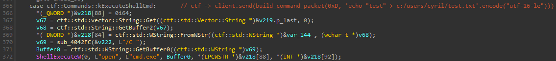 Executing a shell command using ShellExecuteW with cmd.exe