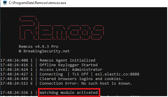 Console message indicating activation of watchdog module