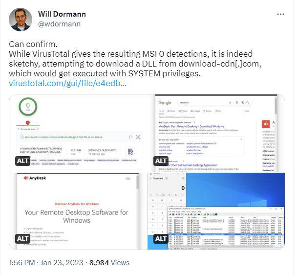 Tweet referencing AnyDesk infection chain
