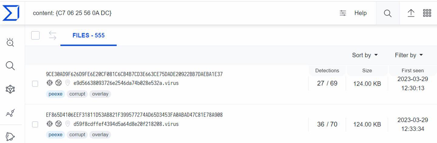 VirusTotal VTGrep search on hardcoded bytes