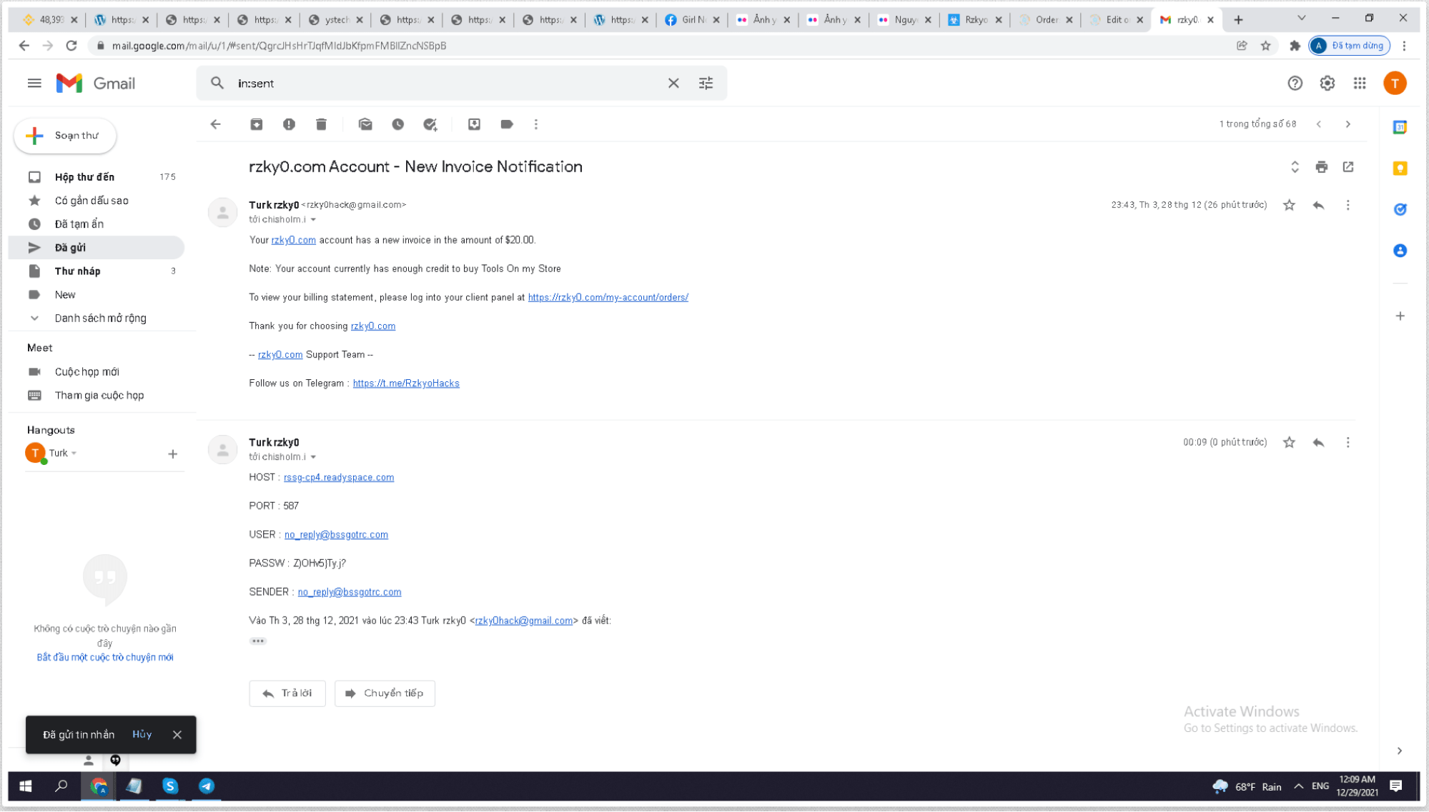 Invoice email where gaza666 purchased infrastructure from rzkyo