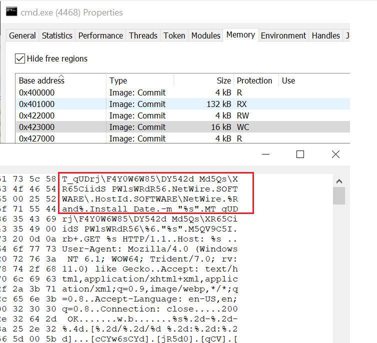 Injected NETWIRE payload in a cmd.exe process