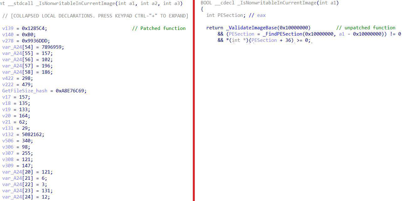 Comparison between the original and the patched msi.dll function