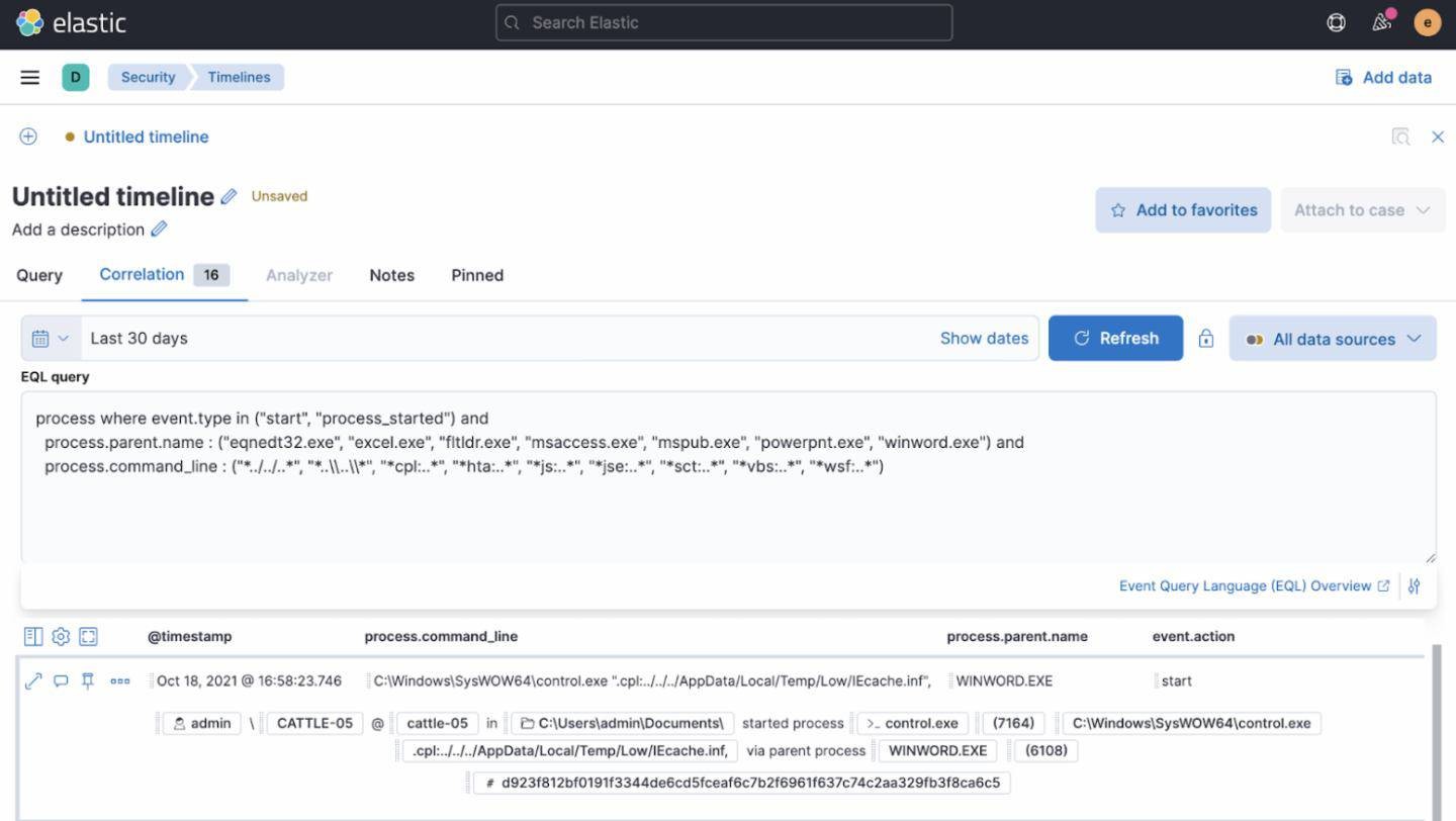 Hunt query identifies CVE-2021-40444 exploit using Timelines