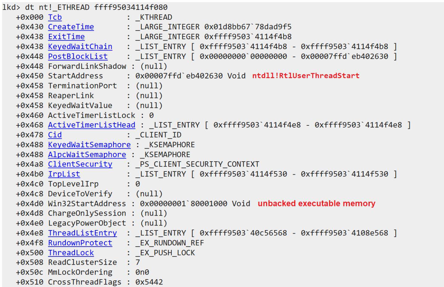 Suspicious ETHREAD entry viewed with a kernel debugger