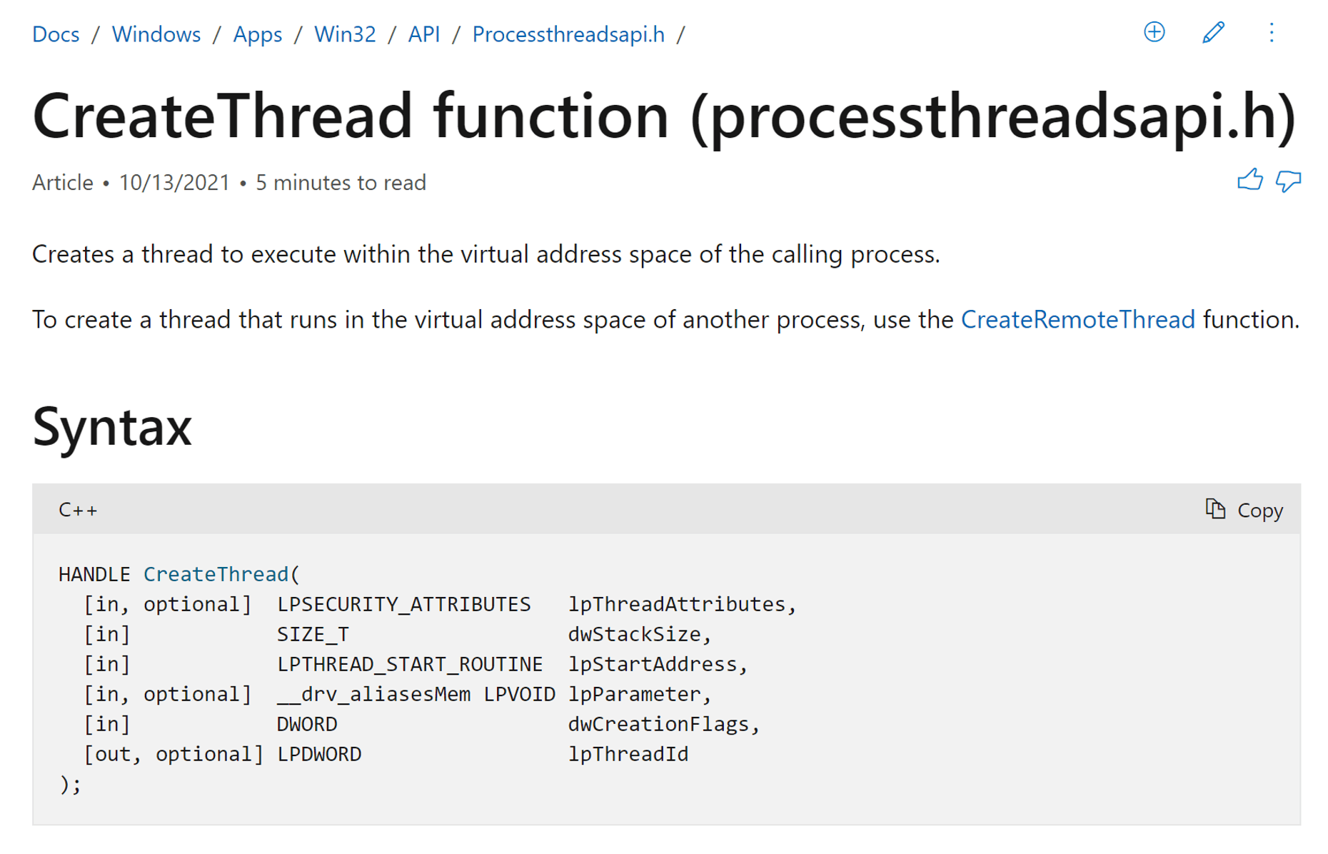 Microsoft documentation for the CreateThread API