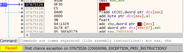 EXCEPTION_PRIV_INSTRUCTION triggered by wrmsr instruction