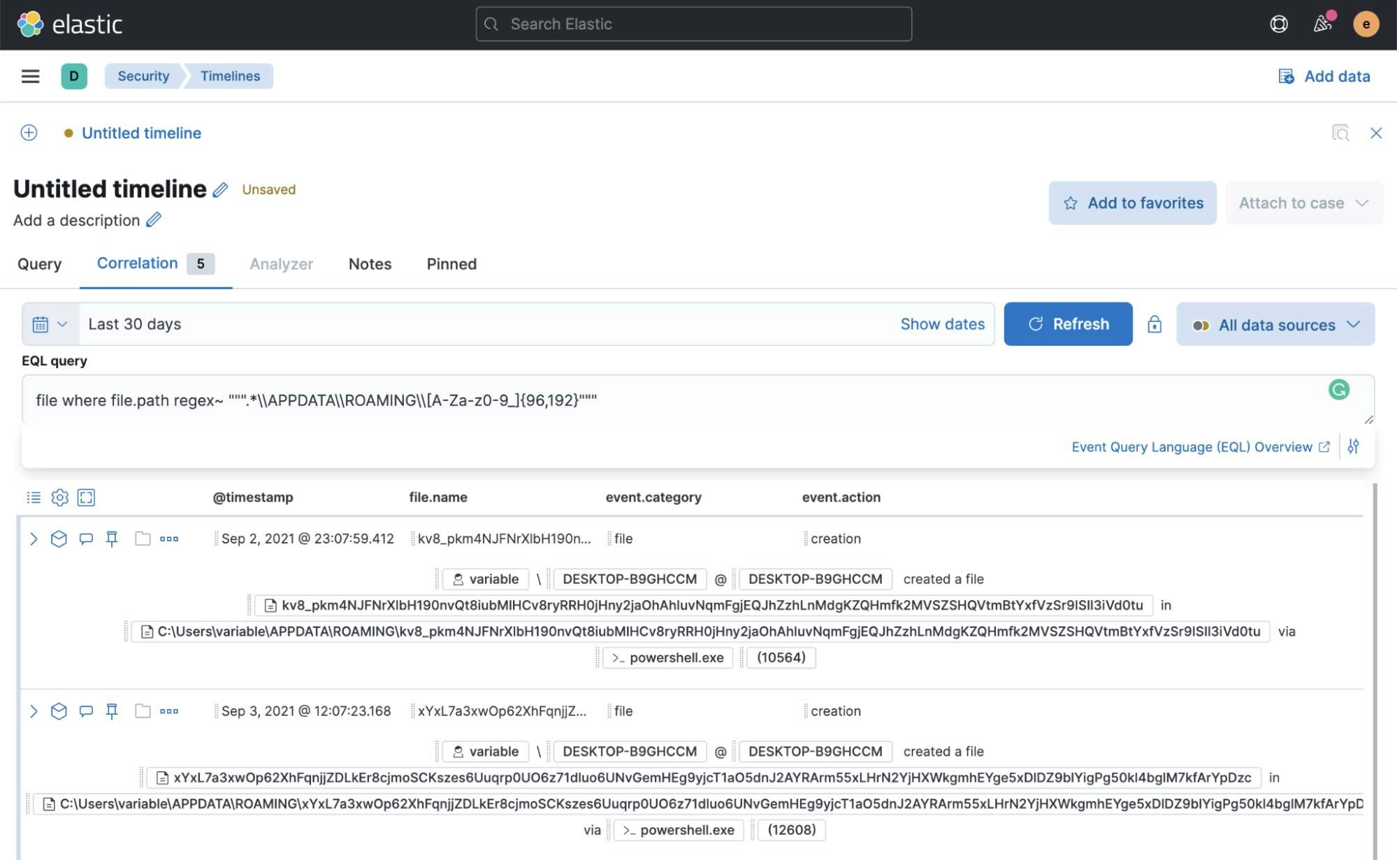 Figure 19: Hunt query identifying Hardware ID using Timelines