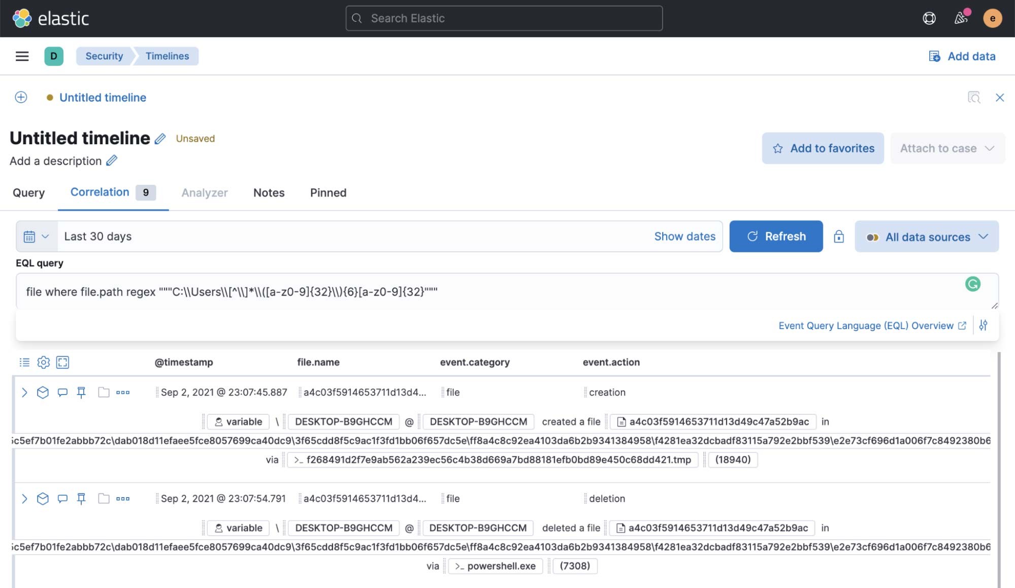 Figure 17: Hunt query identifying initial installer using Timelines