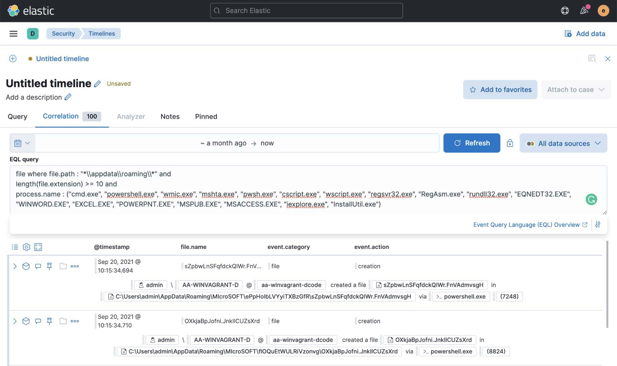 Figure 21: Hunt query identifying long file extensions in Timelines