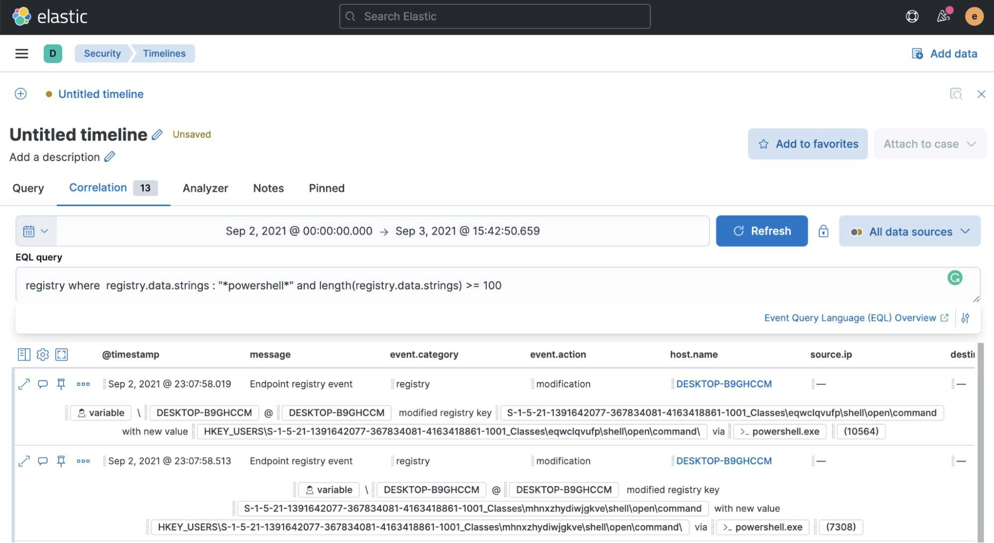 Figure 23: Hunt query identifying long Registry strings in Timelines