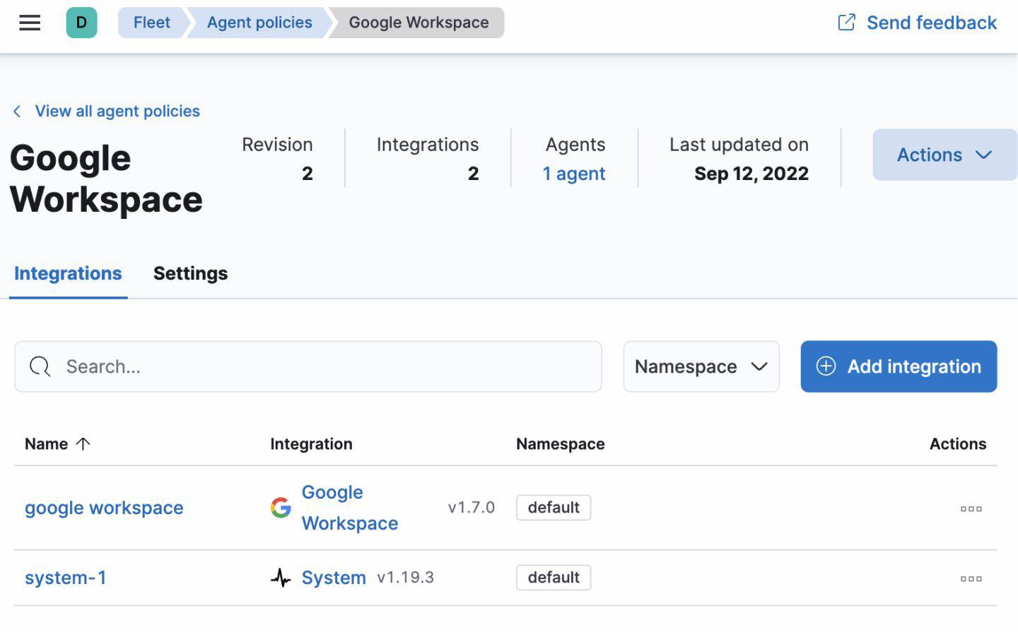 Google Workspace integration enabled in Fleet policy in Elastic Stack