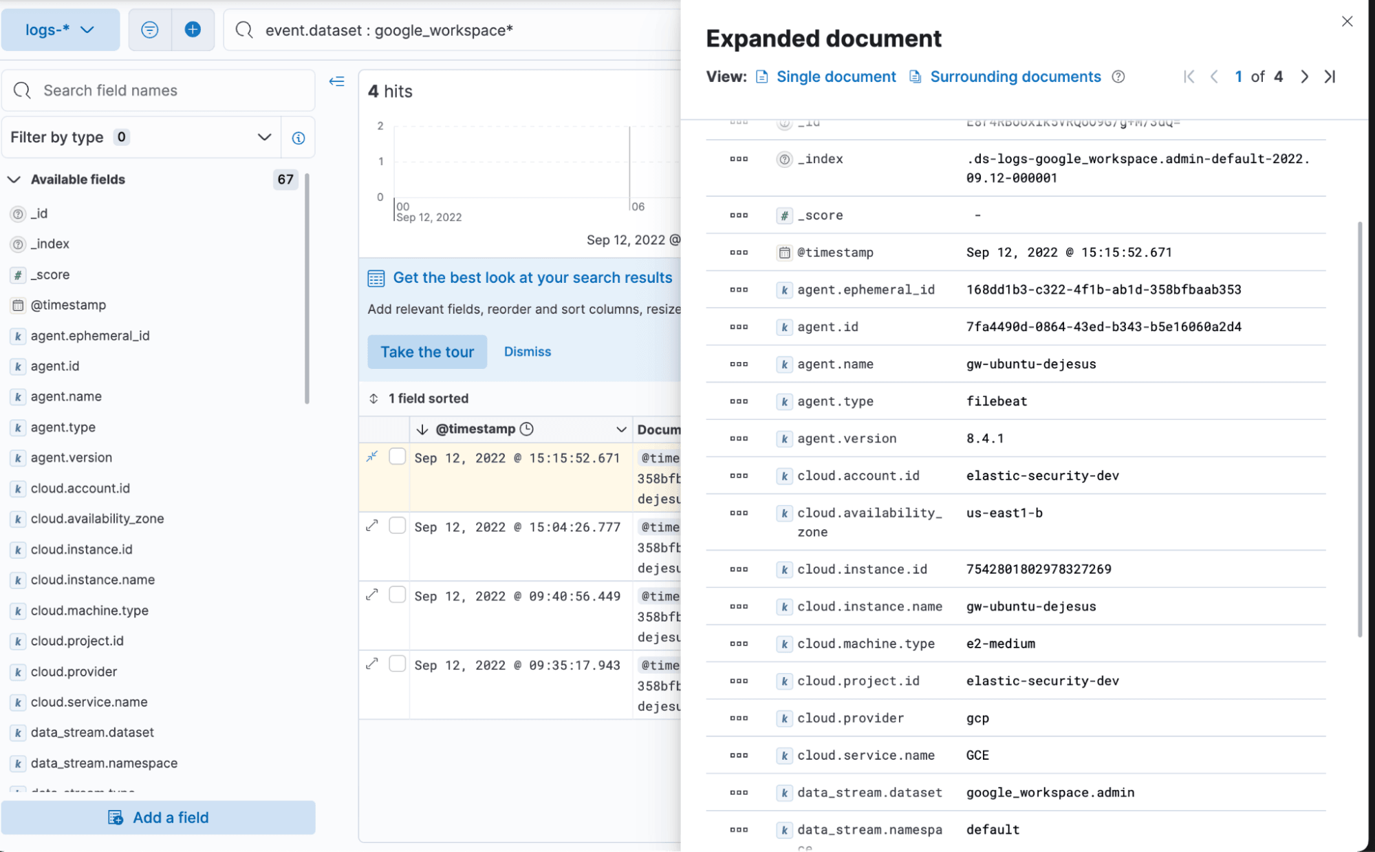 Google Workspace ECS documents search in Discover in Elastic Stack