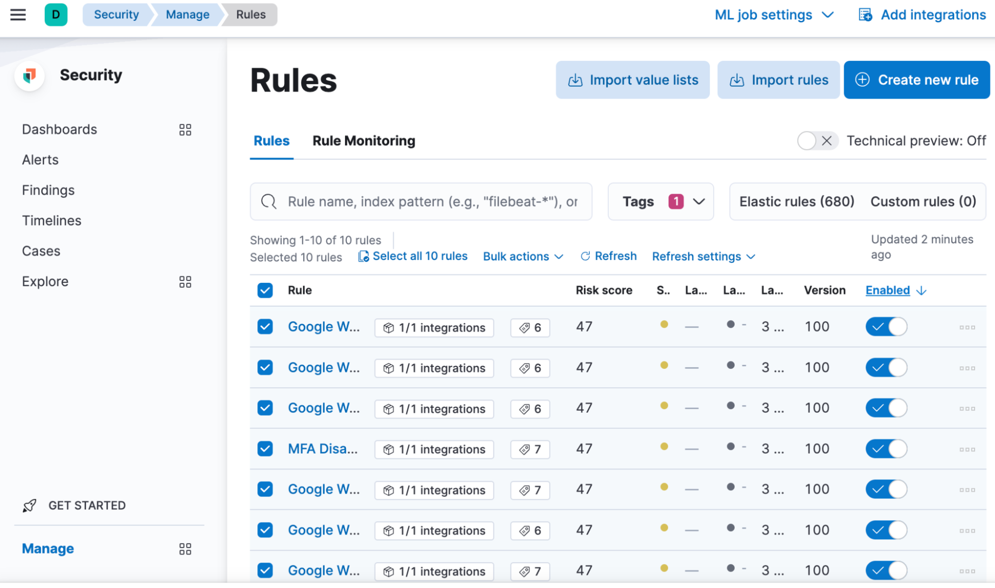 Enabled pre-built detection rules where tag is Google Workspace in Elastic Stack