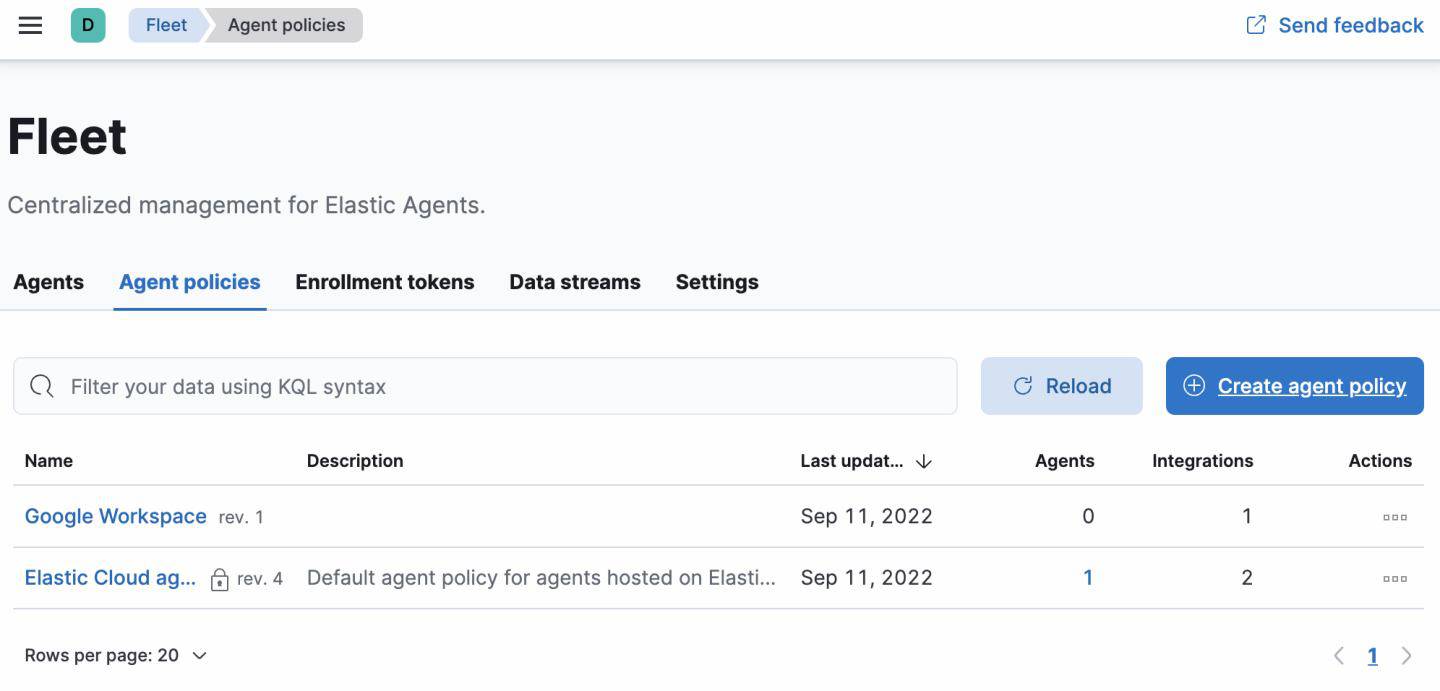 Fleet agent policies page in Elastic Stack