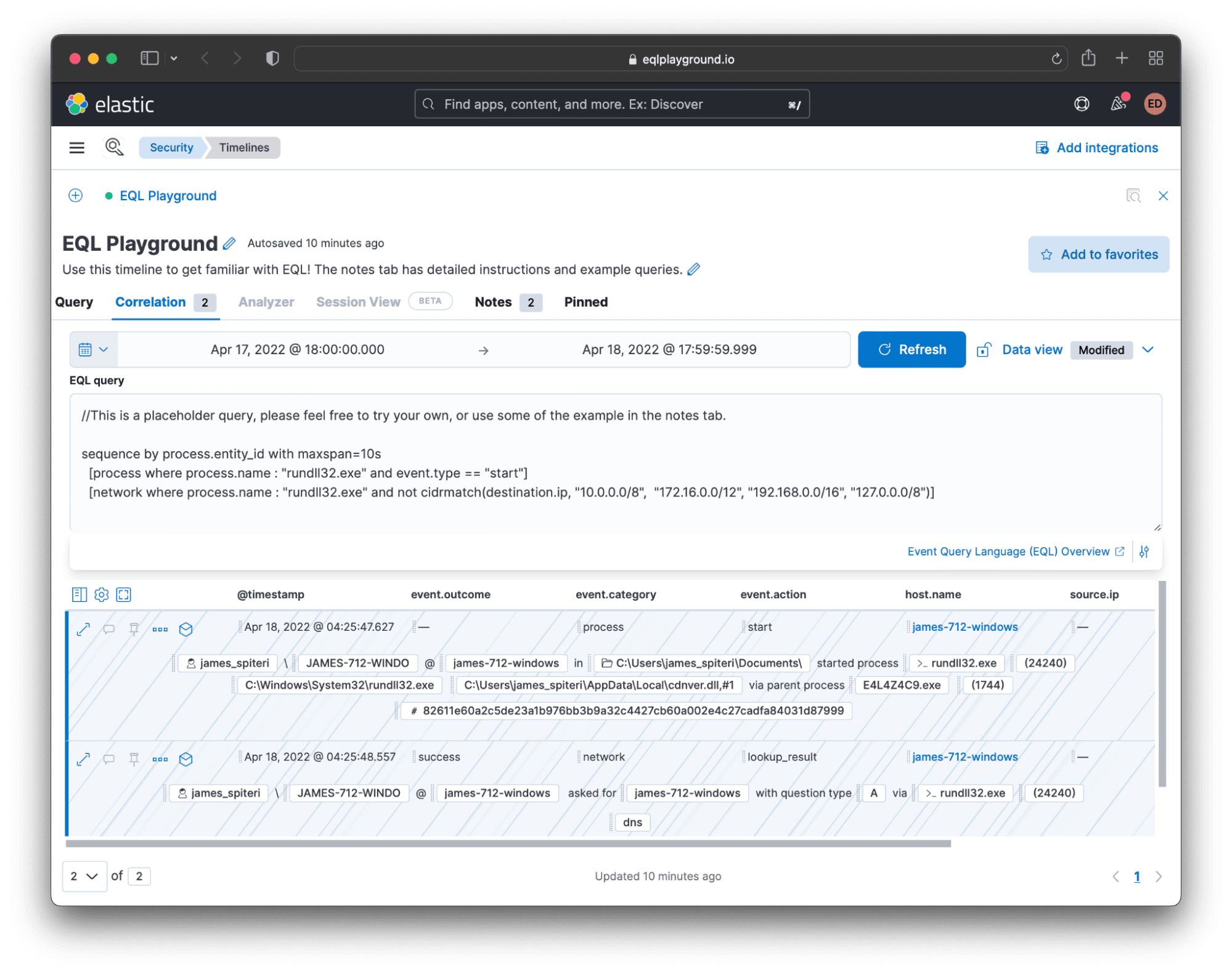 Security app Timeline correlation interface