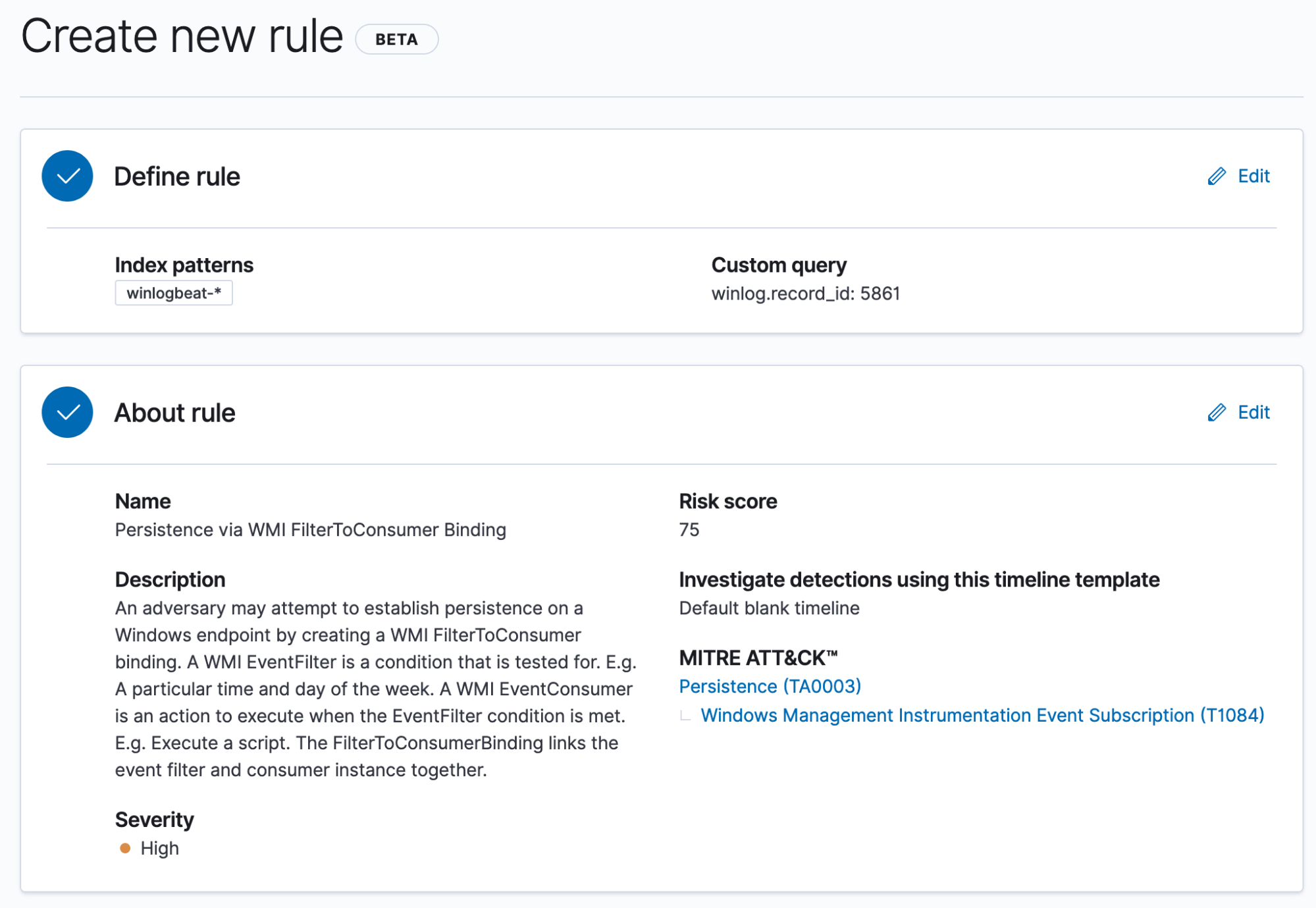 Figure 12 - Example of a new rule being created in Elastic SIEM