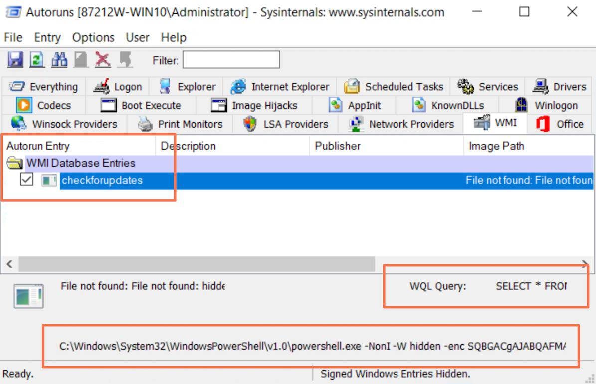 Figure 2 - Autoruns showing a WMI Event Subscription registered by Empire