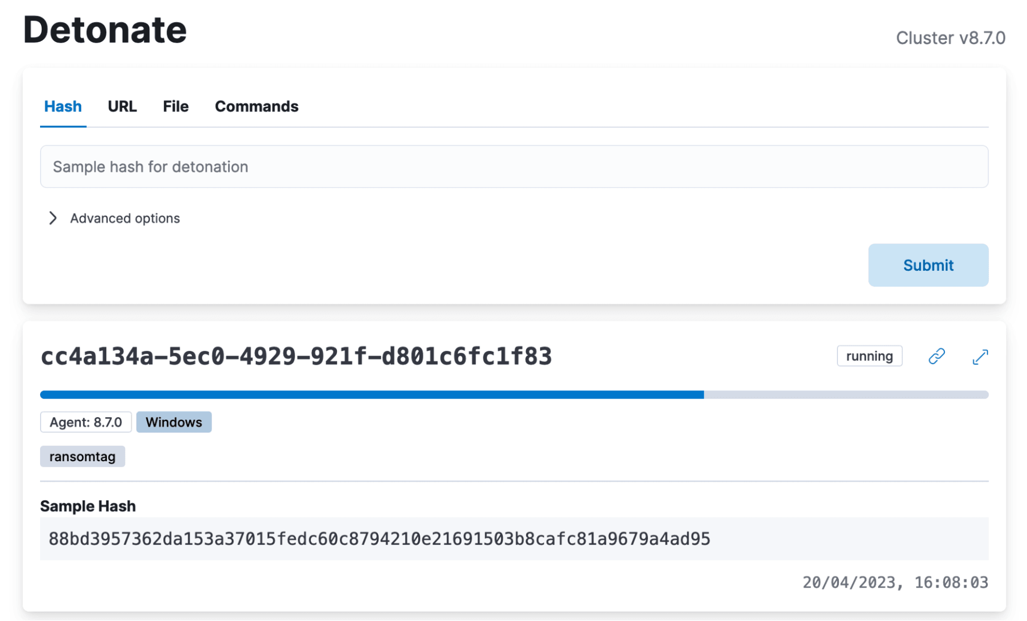 The Detonate landing page Protections Portal showing the input field for starting a detonation. Below the input is a task that is currently running.