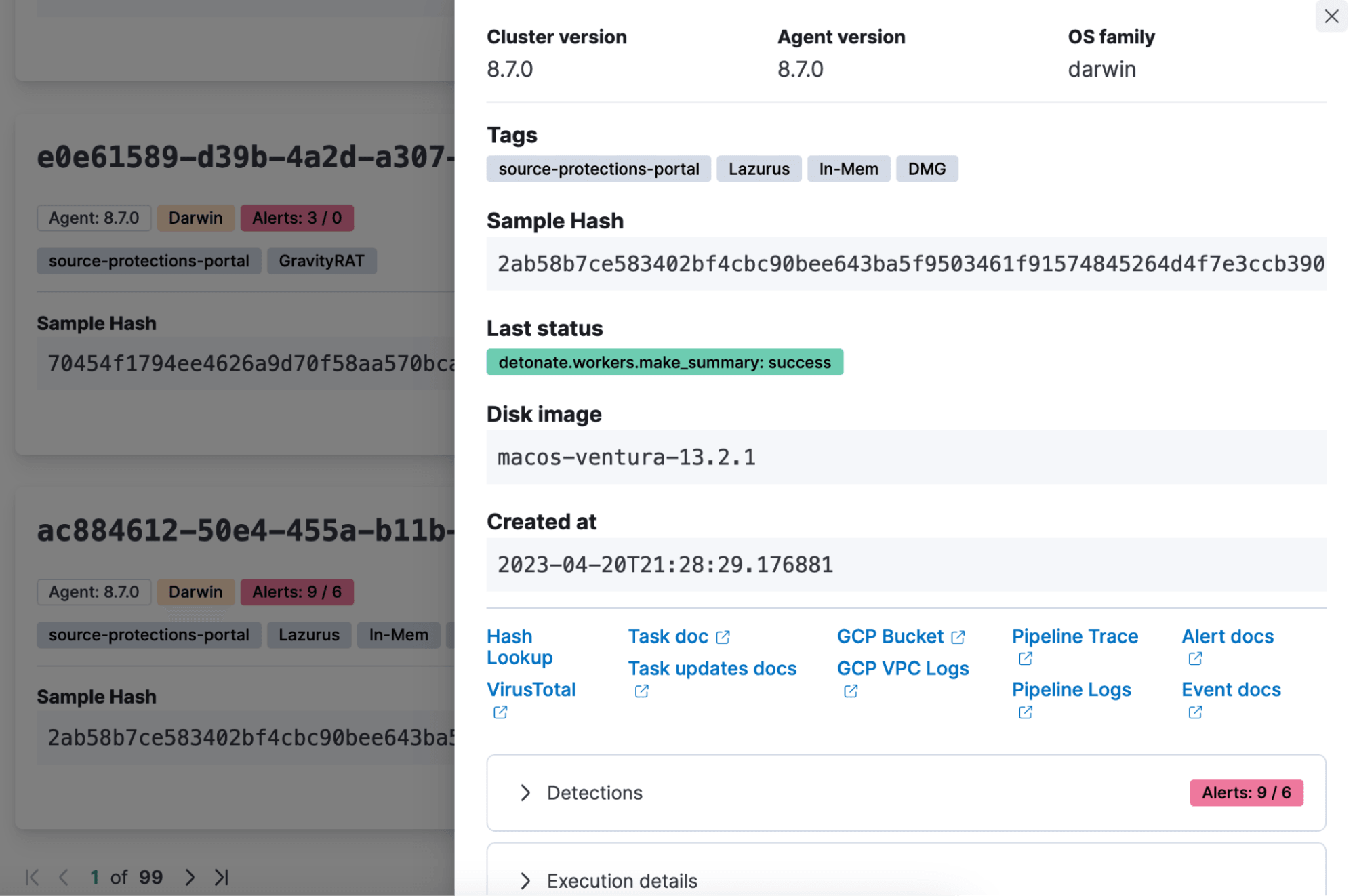 The UI shows the completed detonation task in the Protections Portal.