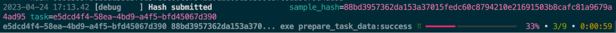 An example of the output from the CLI tool once a hash is submitted. It shows the hash, the task ID, and where along the pipeline the process is as well as the last worker status.