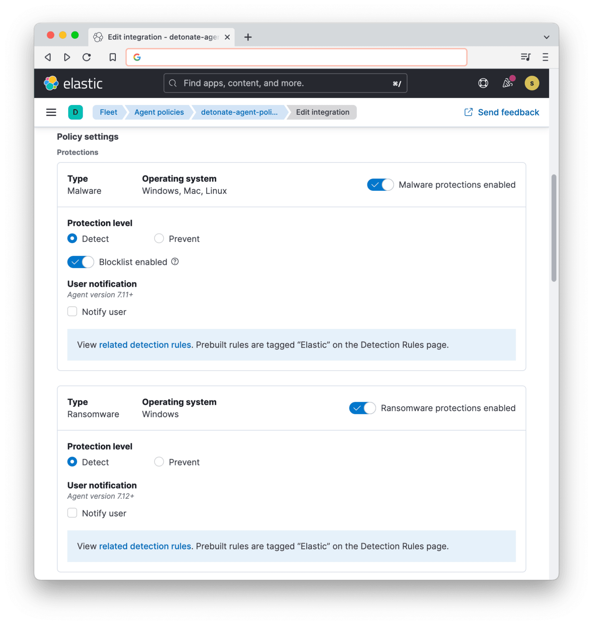 The policy settings in Elastic Defend integration for Detonate.