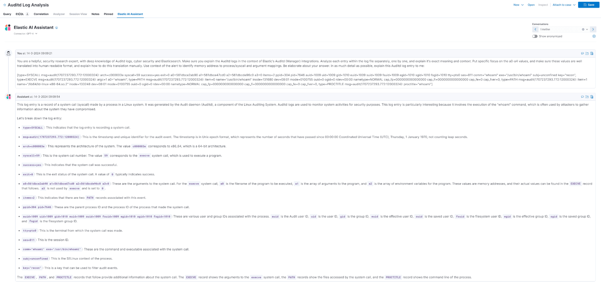 Auditd log analysis by Elastic’s AI assistant