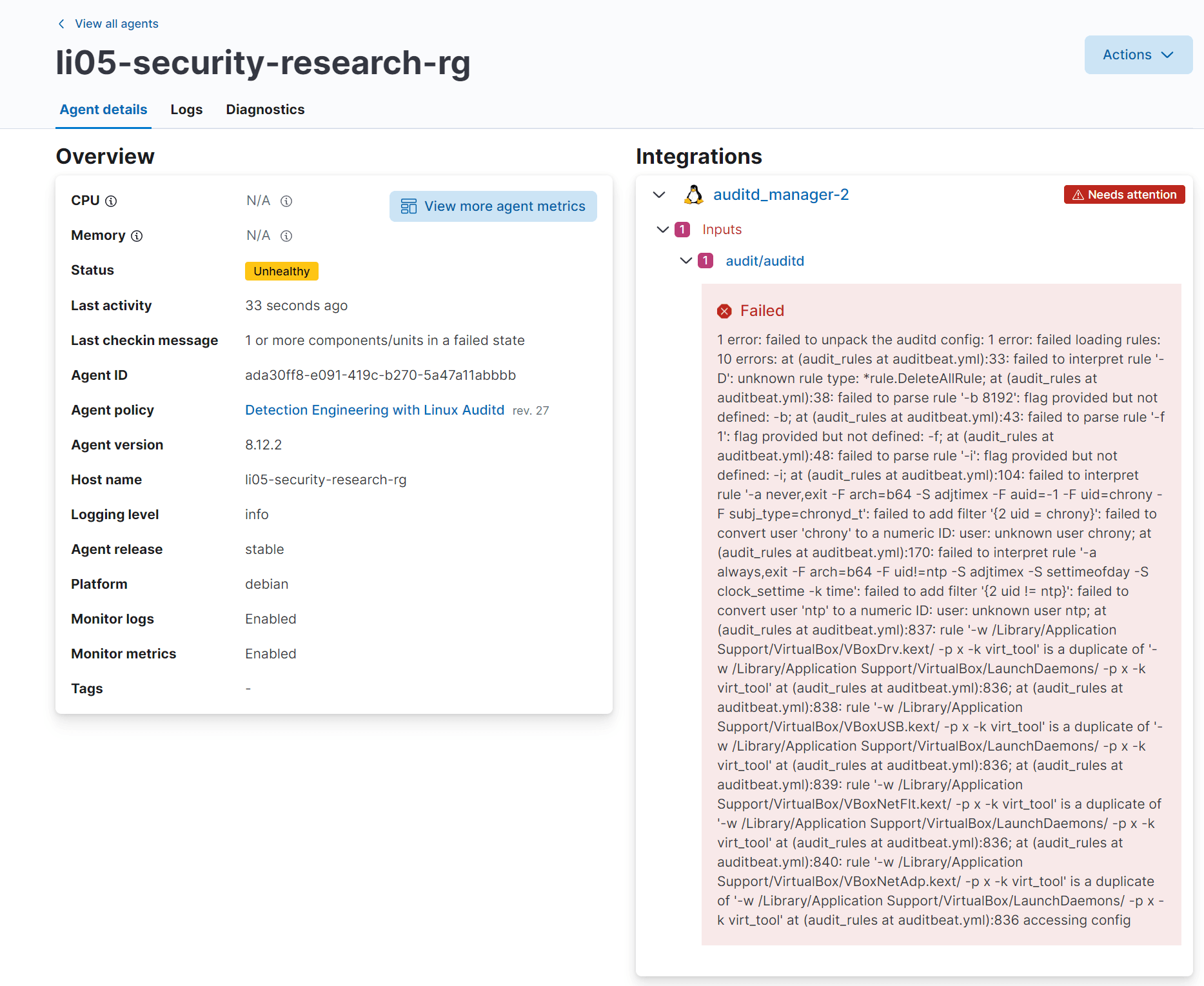 Integration input status logs