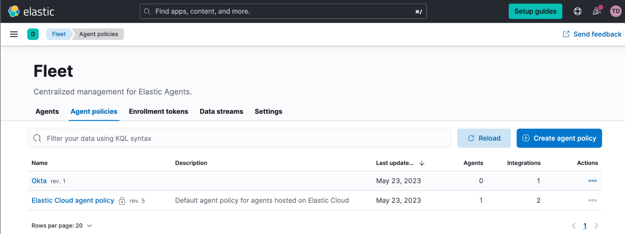 Fleet agent policies page in Elastic Stack