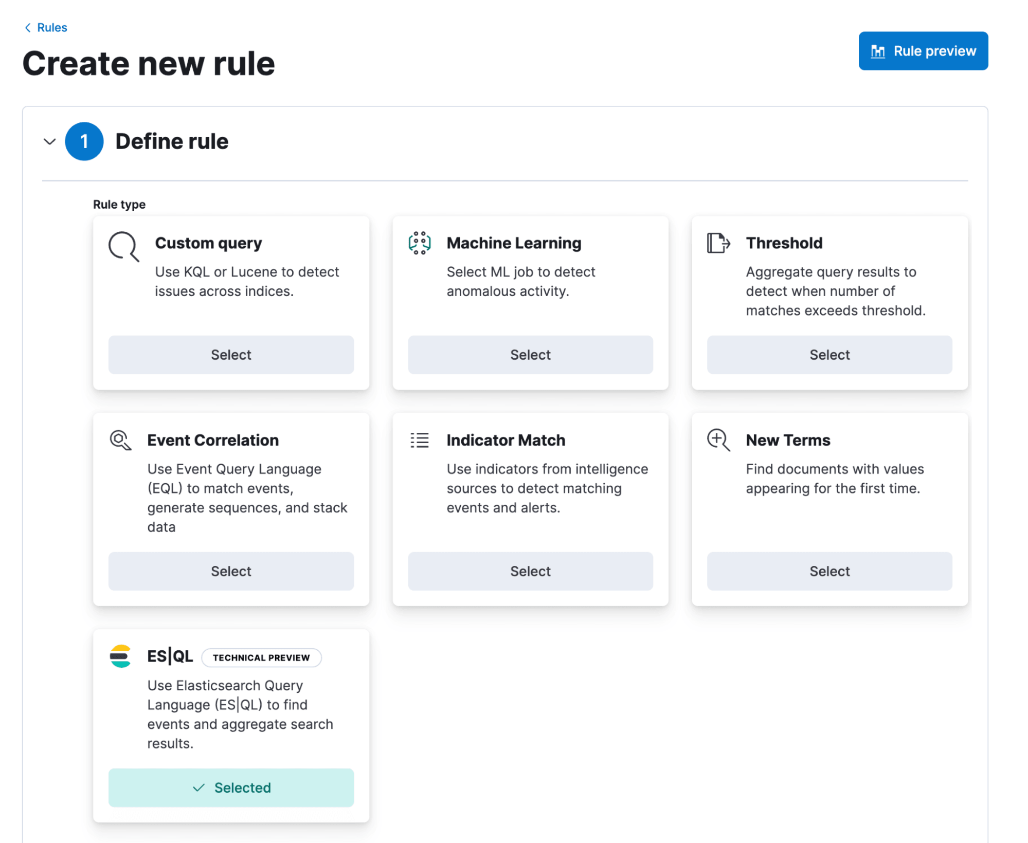 Create new rule Kibana page in Elastic security solution