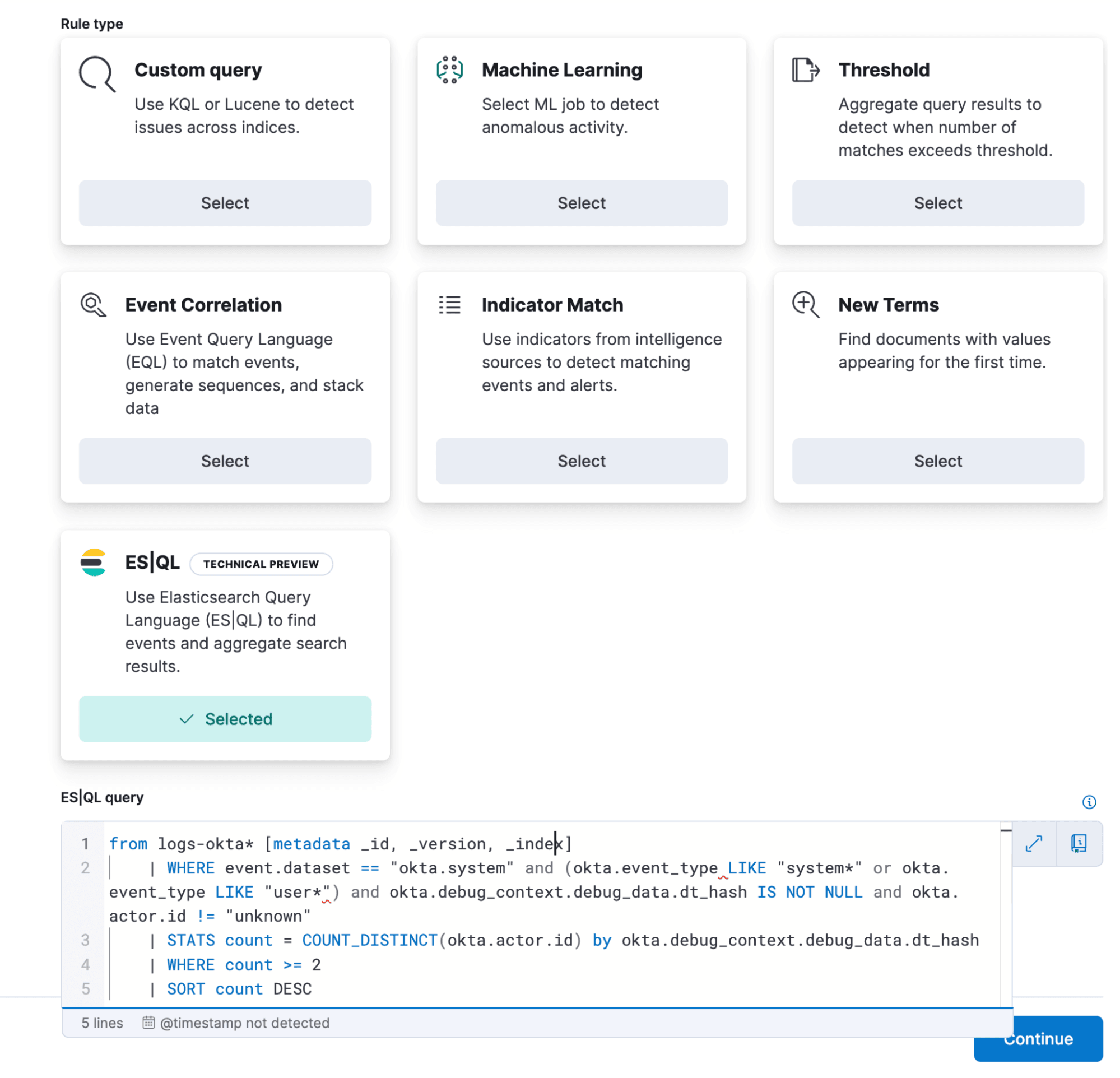 Creating new custom detection rule with ES|QL query logic