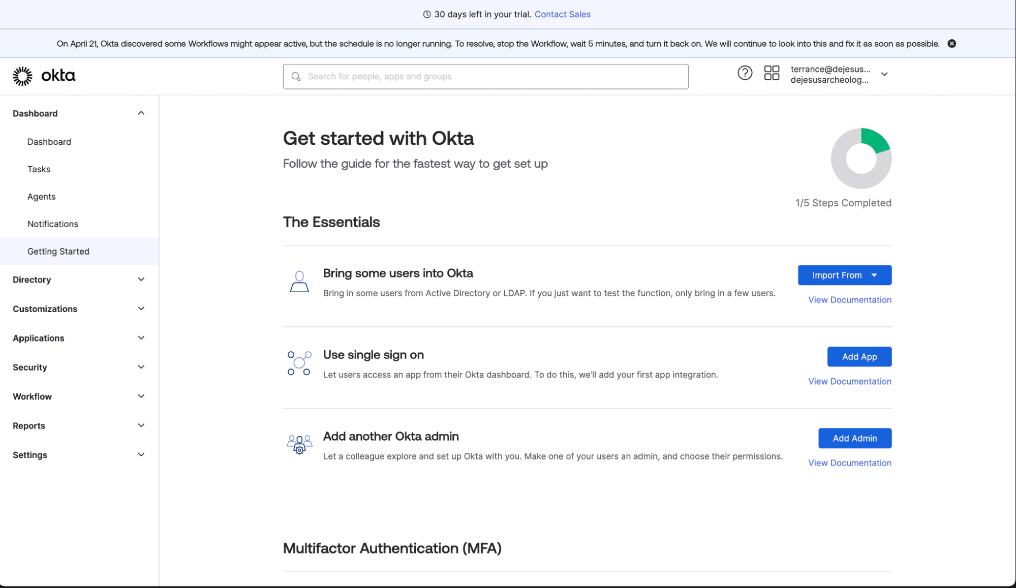 The Okta Admin console