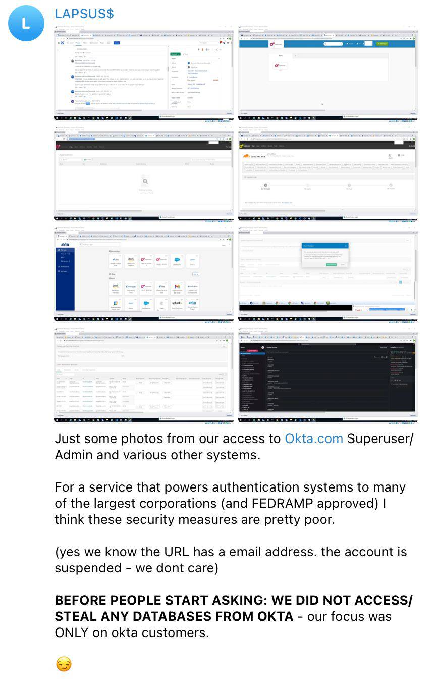 A screenshot of the Telegram account that LAPSUS$ has coordinated, showing access to internal communication, administrative and customer tools, as well as customer accounts