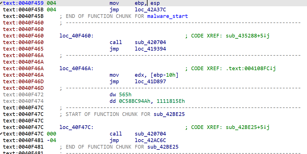 Obfuscation involving a combination of instructions and jumps